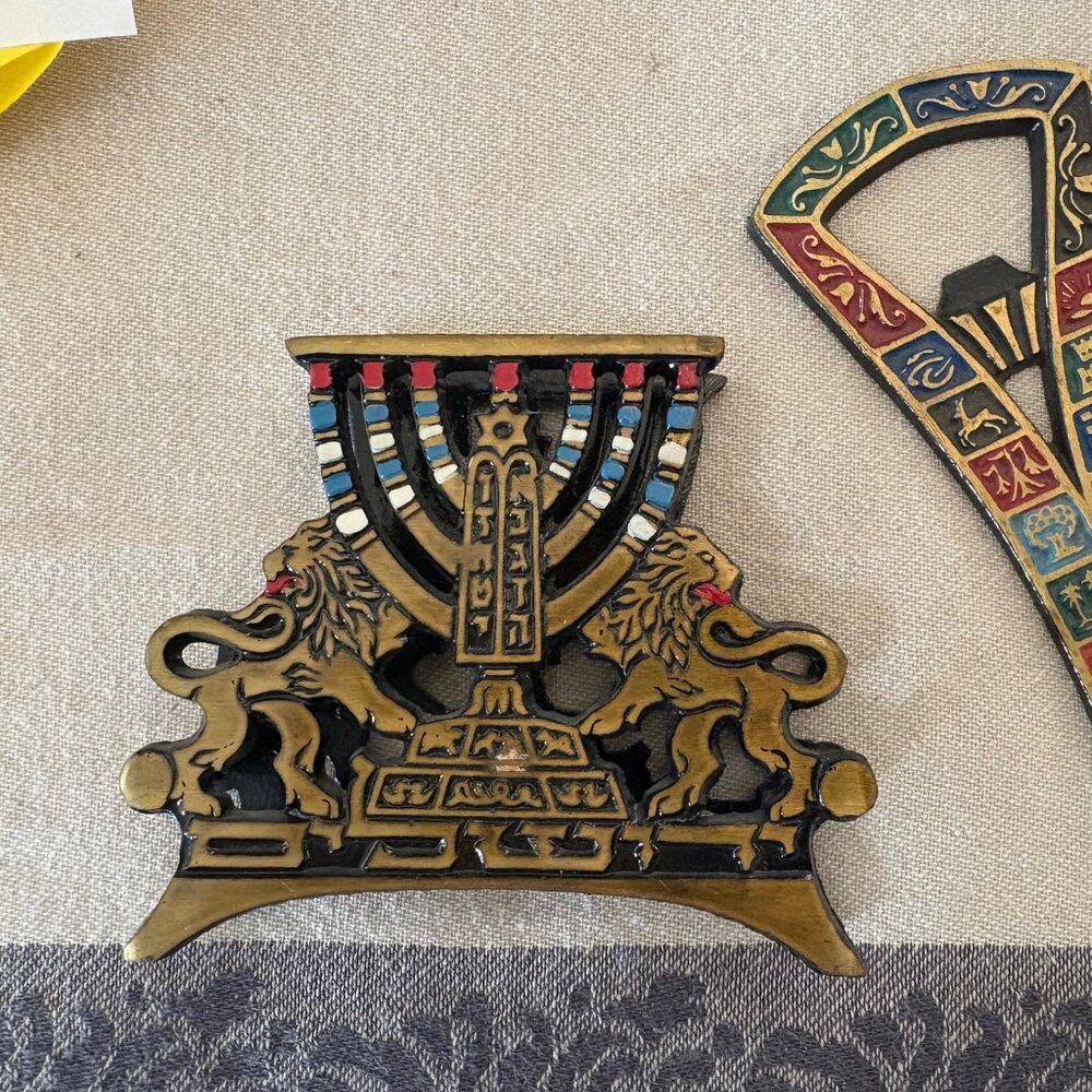 Hebrew Hand Painted Brass Napkin Holder and bottle opener